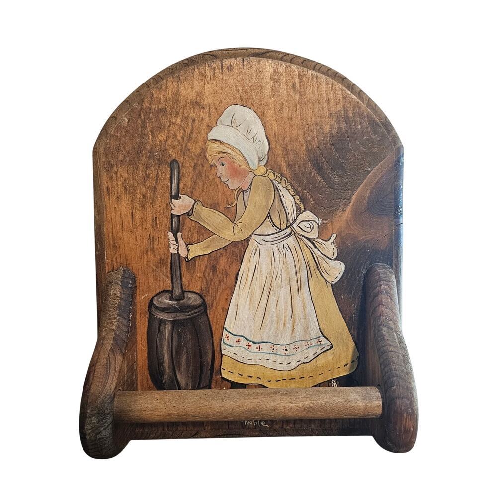 Vintage Hand Painted Wood Panel Holder Prairie Girl Rustic Cottage 70s Farmhouse